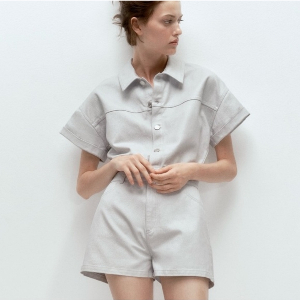 Zara Light Gray Short-Sleeve Cotton Romper
